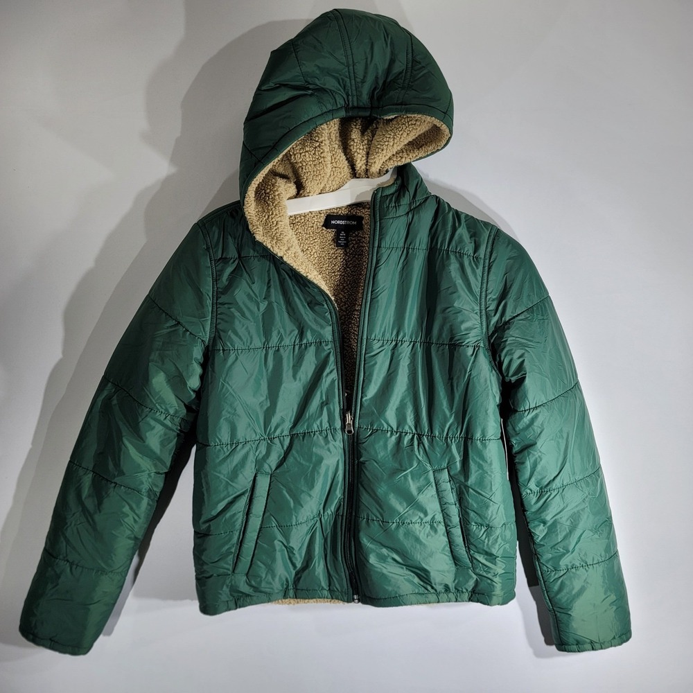 Nordstrom Youth XL 14/16 Reversible Puffer Jacket Green Pinecone Tan Fleece Hood